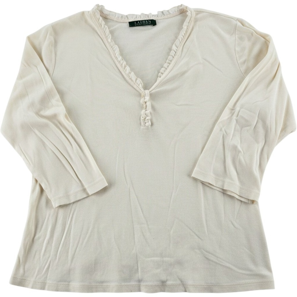 Lauren Ralph Lauren Top Large Ruffle Trim Henley 3/4 Sleeve Cream Ivory 7575